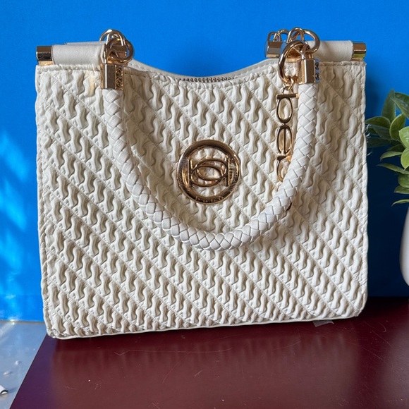 bebe Handbags - Bebe Cream Shoulder Bag with Gold Details